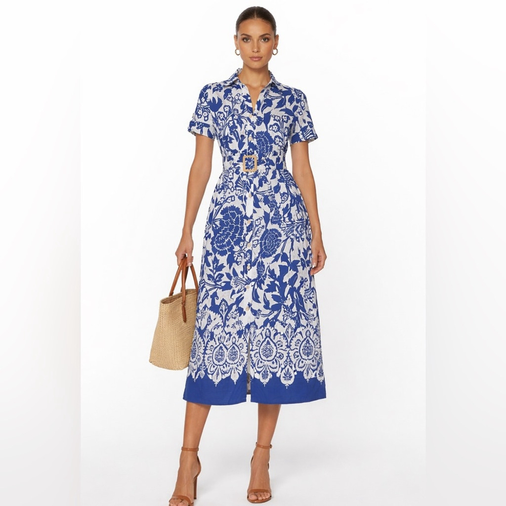Joie Blue & White Floral Button-Front Midi Dress Belted Shirt Dress S